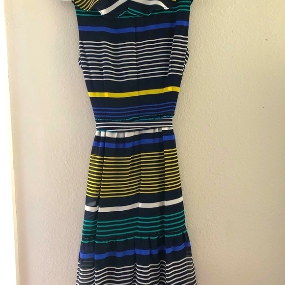 DKNY Womens Navy Ruffled Zippered Belted Lined Striped Sleeveless Surplice Dress - Picture 8 of 11